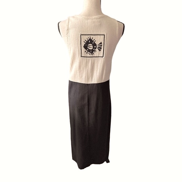 Club Mystique Linen Maxi Dress Khaki Fish Design Blend Cotton Sleeveless Y2K XL - Picture 3 of 9
